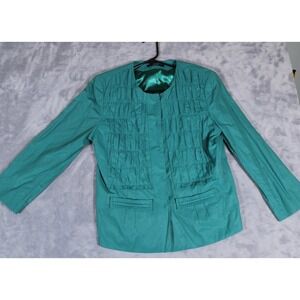 Tahari Women's Blazer Green Details Hidden Snaps Long Sleeve Pleats Sz 12 Office